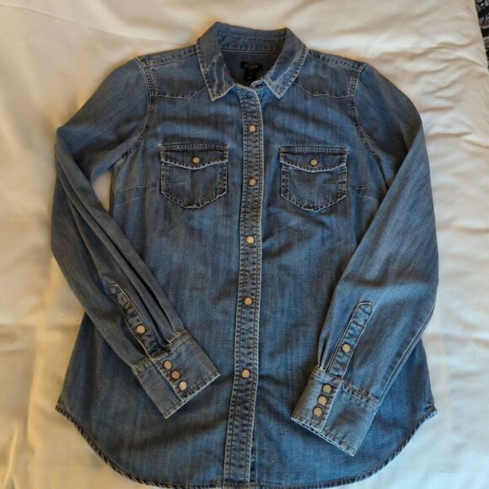 J Crew Shirt Womens‎ XS Blue Denim Pearl Snap Western Cowgirl Long Sleeve